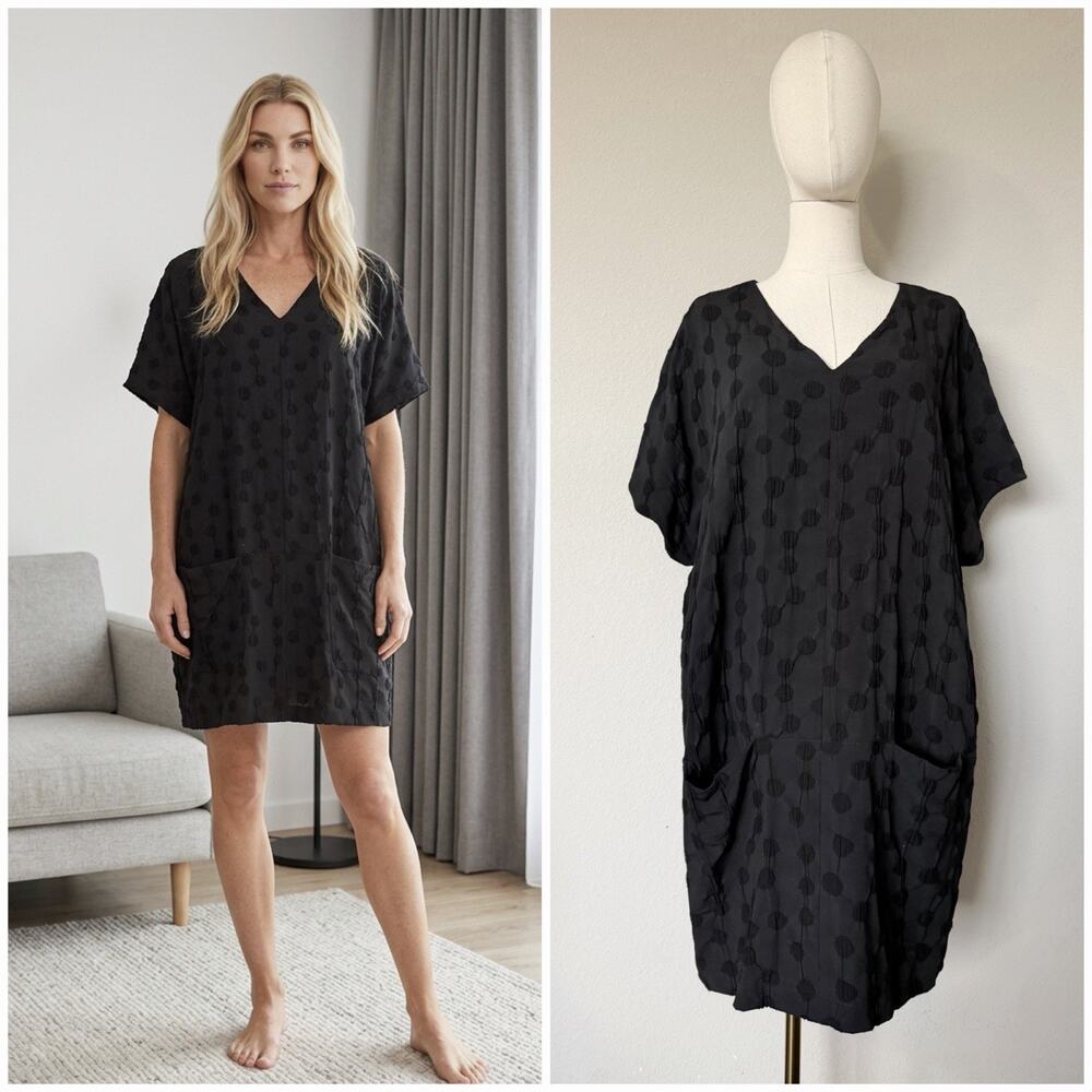 Niche Nilgun Derman Size L Black Textured Polka Dot Shift Dress Pockets Artsy